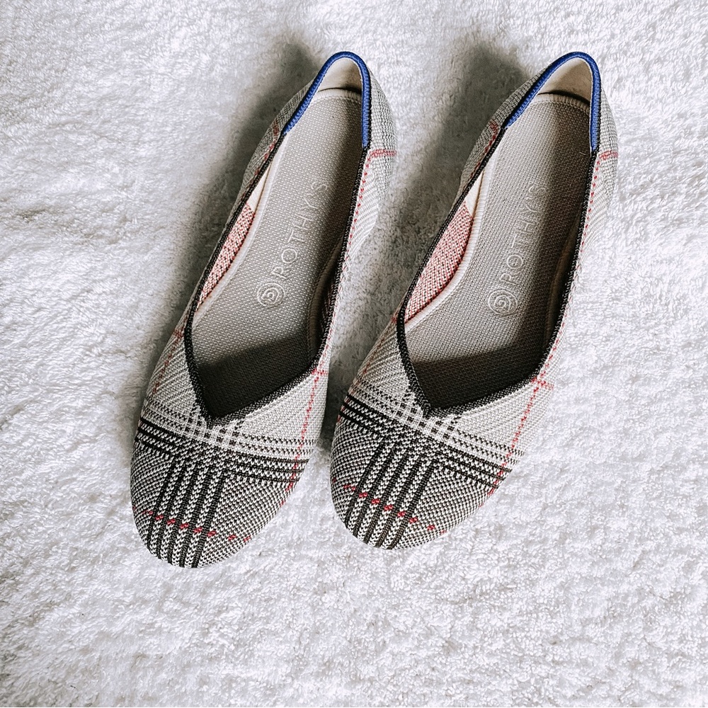 Rothy's Plaid Knit Flats with Pink and Blue Accents